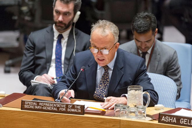 Special Representative and head of the United Nations Assistance Mission in Somalia (UNSOM) Michael Keating briefs the Security Council. UN Photo/Rick Bajornas
